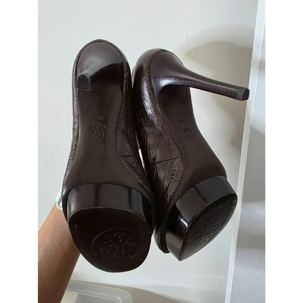$278 Tory Burch US 10M Brown Croc Embossed Leather Pumps Wood Platform Heel